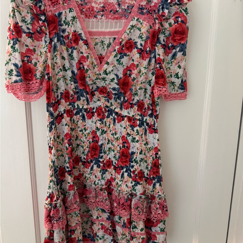 LoveShackFancy Floral Mini Dress - Red and Pink